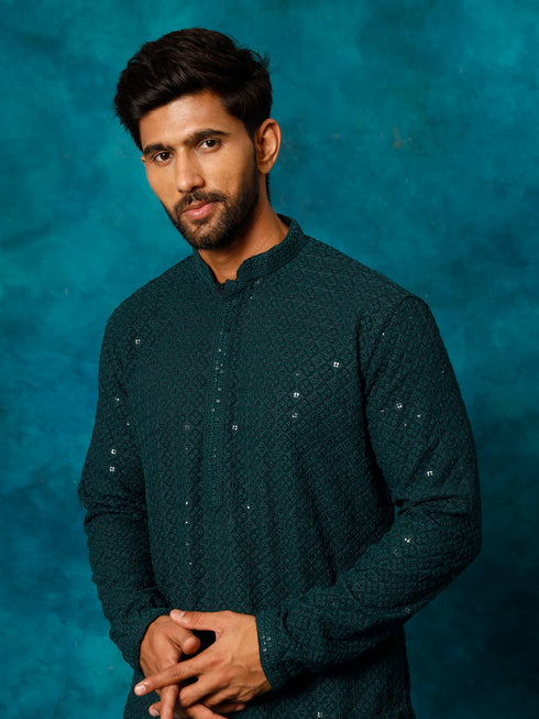 Vastramay Green Schiffli Embroidered Kurta Pyjama Baap Beta Set